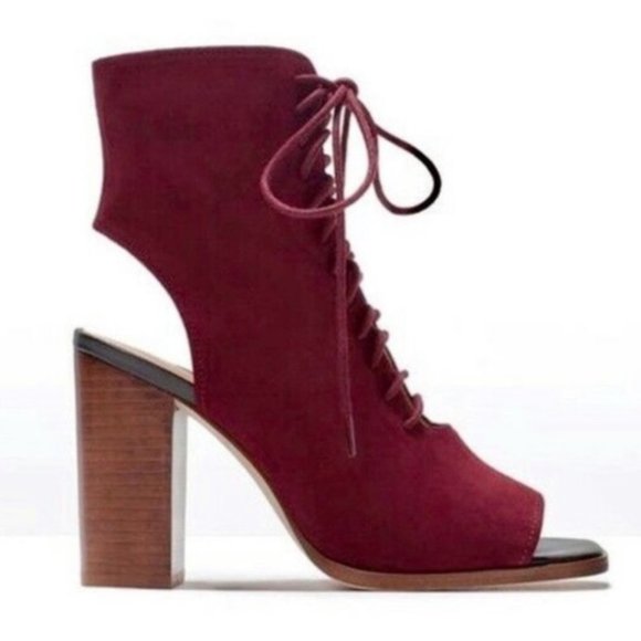 Zara Burgundy Suede-like Open Toe Lace Up Block Heels | Gently Used - Picture 1 of 7